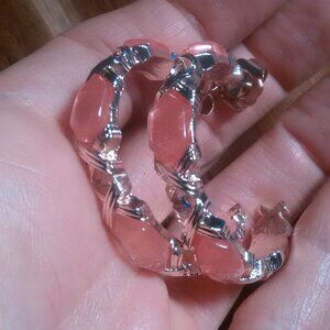 Cherry Quartz Rosetone and Stainless Steel Beaded Hoop Earrings